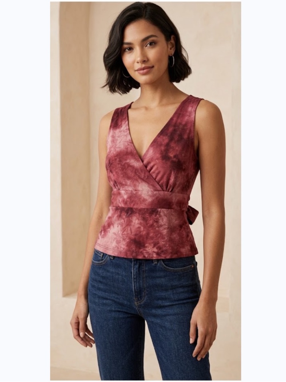 Vintage V Neck Faux Wrap Top, Tie back (Burgundy/ Pink)